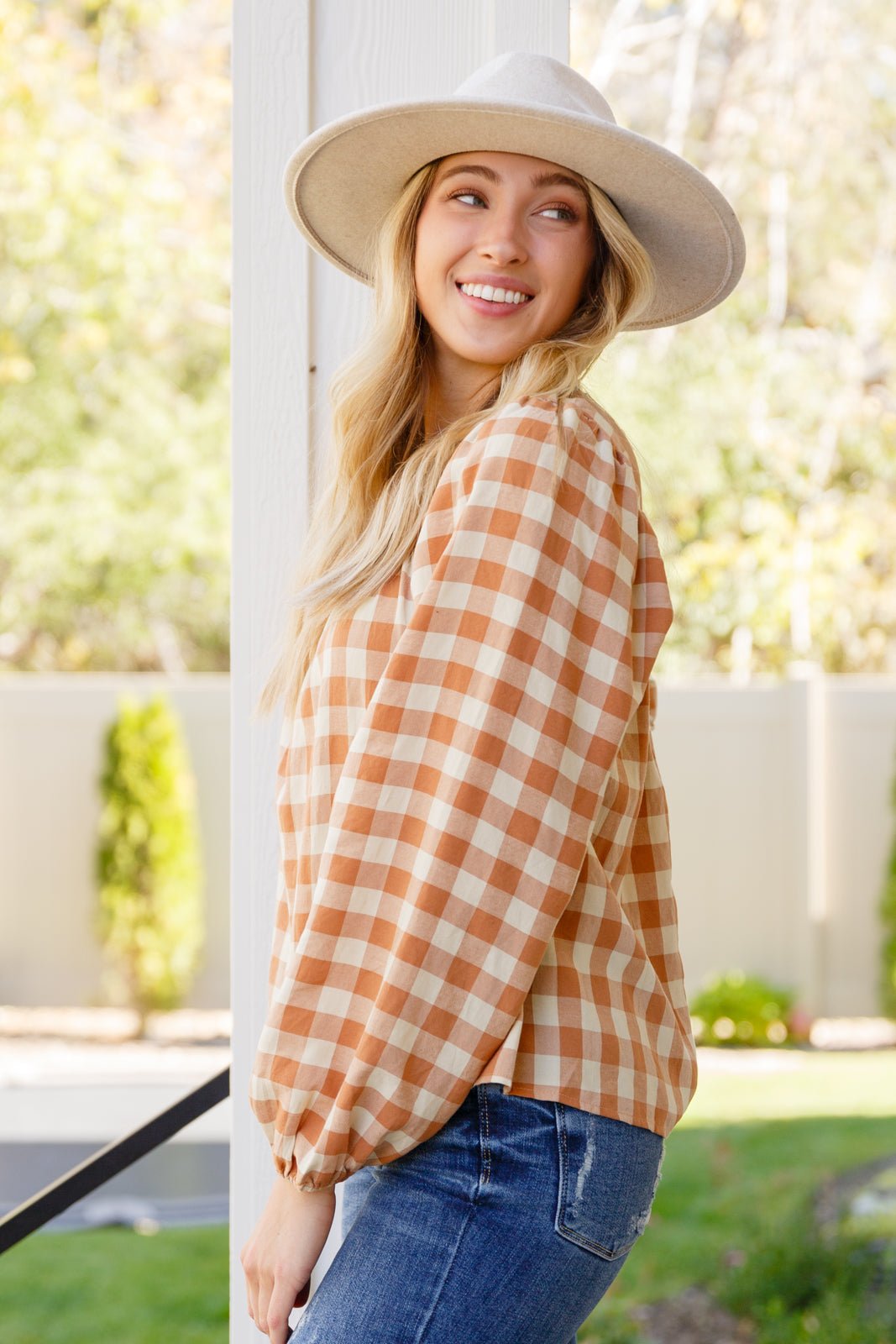 One Fine Afternoon Gingham Plaid Top In Caramel (Online Exclusive) - Uptown Boutique Ramona