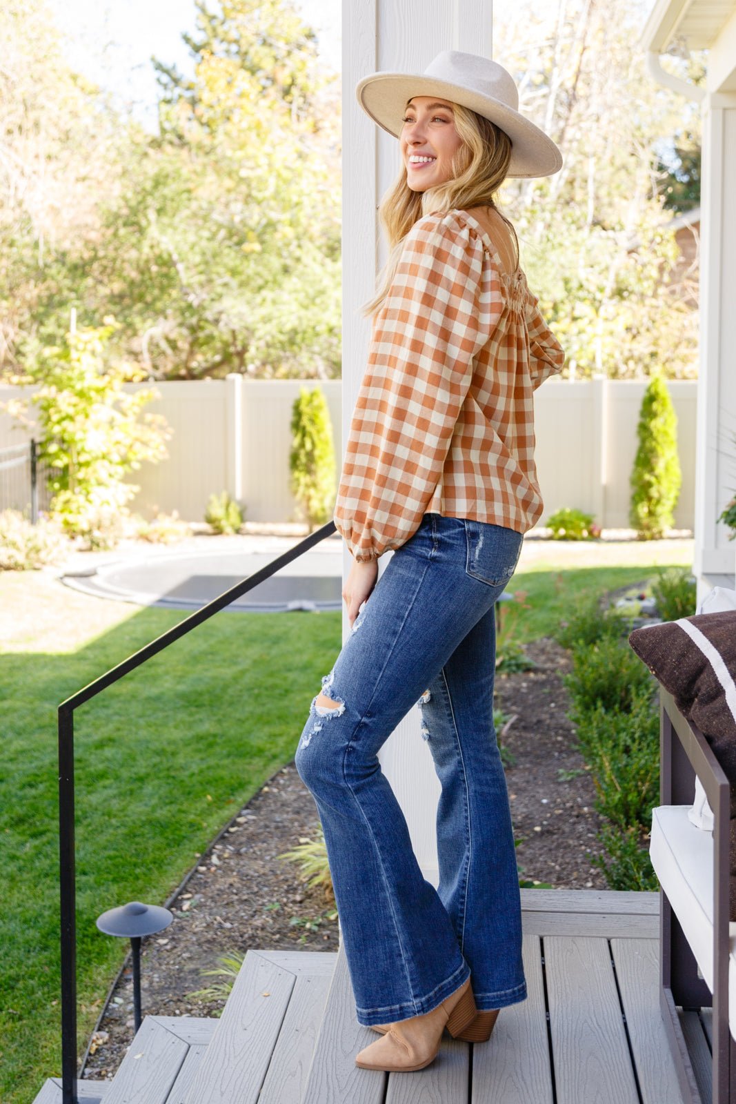 One Fine Afternoon Gingham Plaid Top In Caramel (Online Exclusive) - Uptown Boutique Ramona