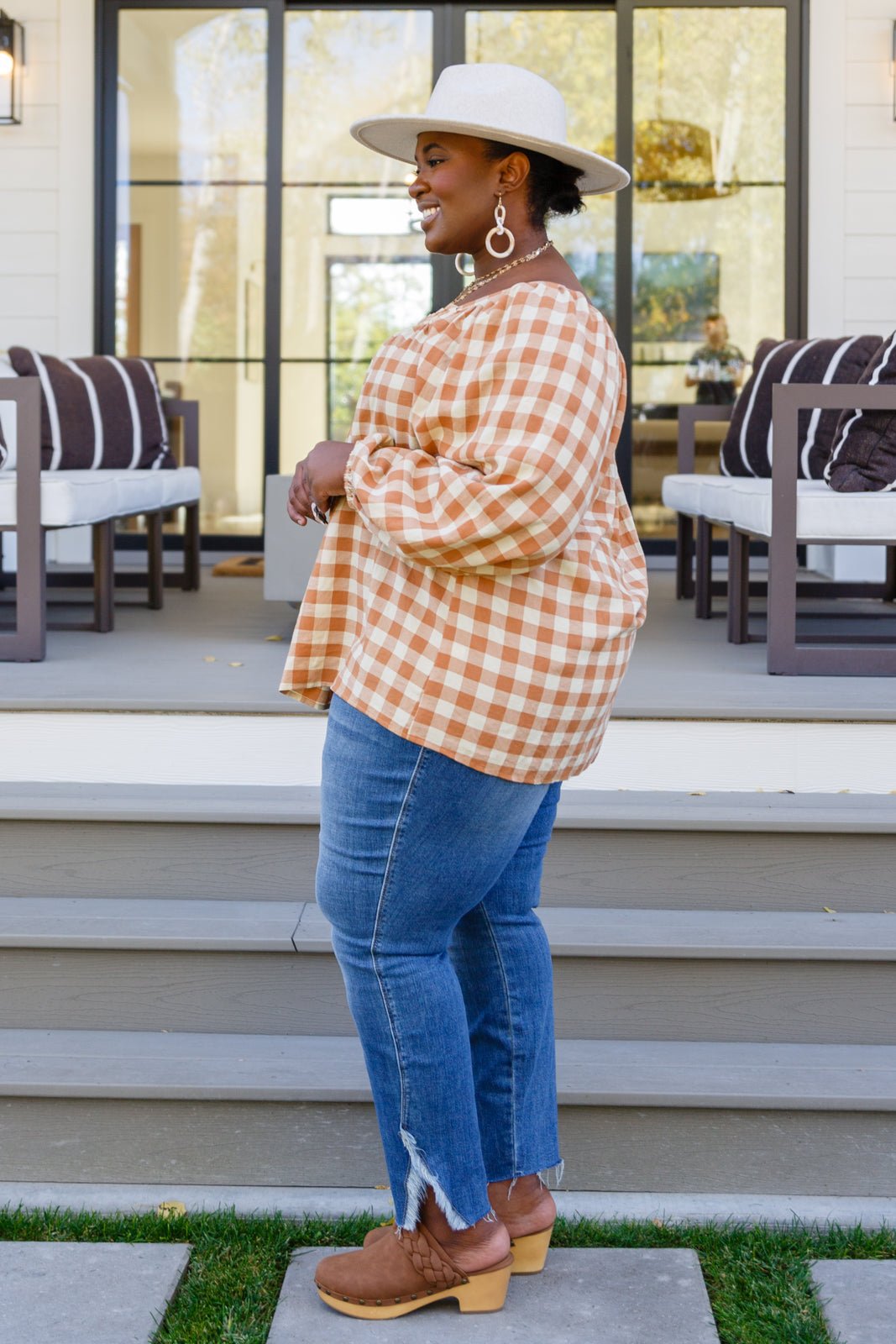 One Fine Afternoon Gingham Plaid Top In Caramel (Online Exclusive) - Uptown Boutique Ramona