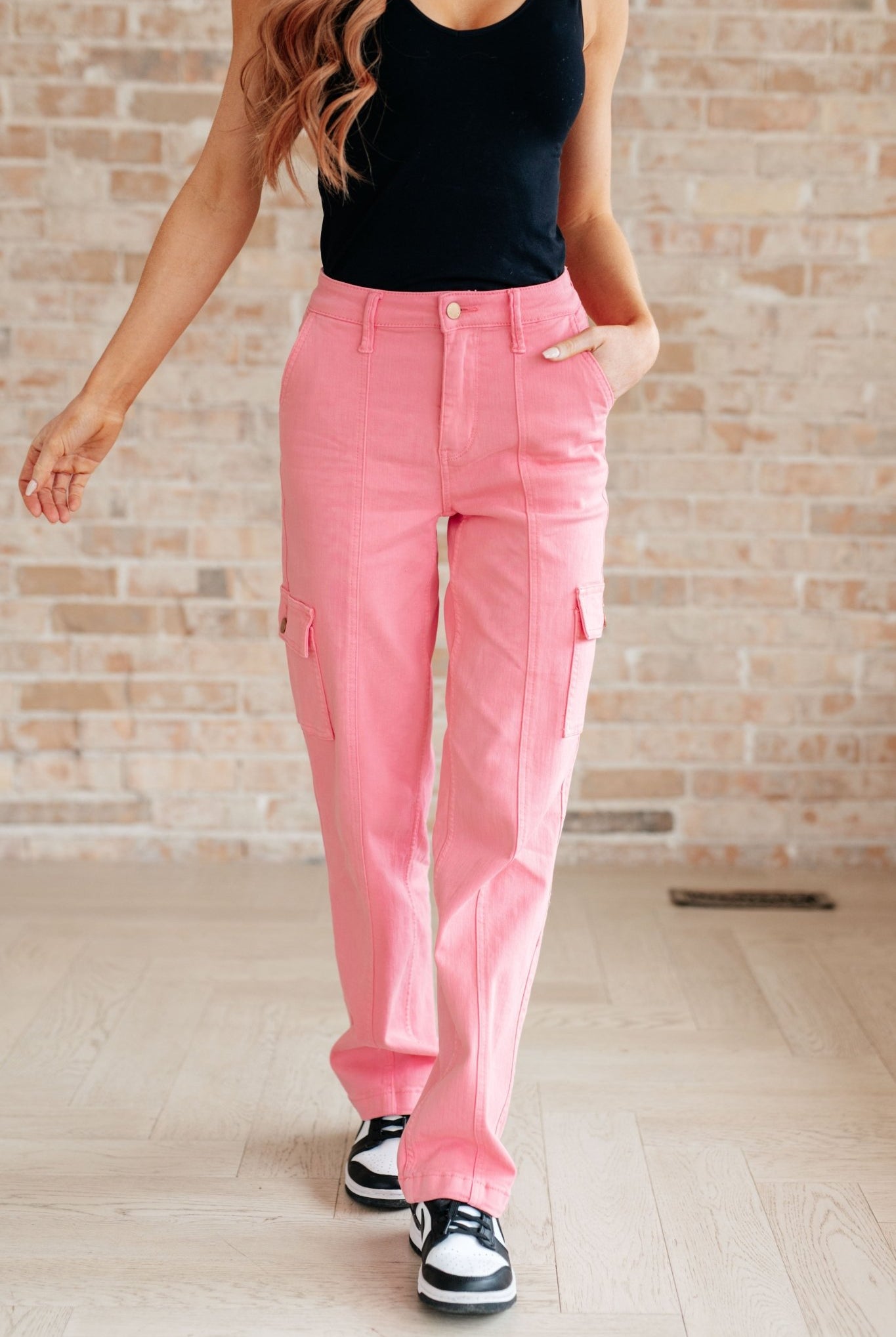 Peggy High Rise Cargo Straight Jeans in Pink (Online Exclusive) - Uptown Boutique Ramona