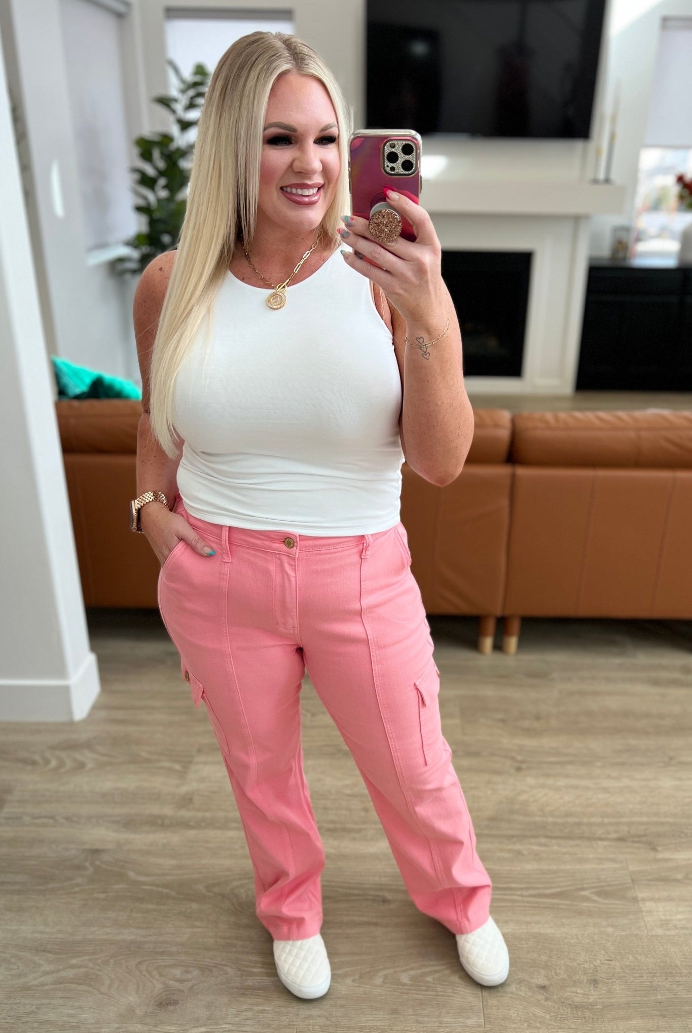 Peggy High Rise Cargo Straight Jeans in Pink (Online Exclusive) - Uptown Boutique Ramona