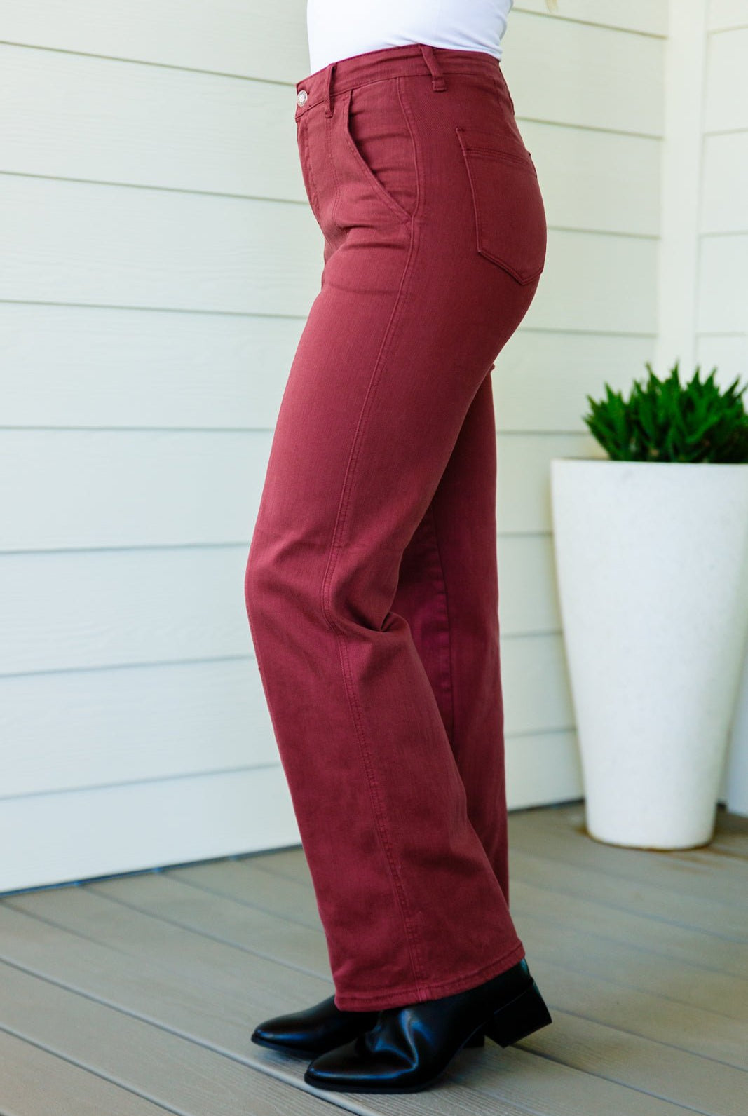 Phoebe High Rise Front Seam Straight Jeans in Burgundy (Online Exclusive) - Uptown Boutique Ramona