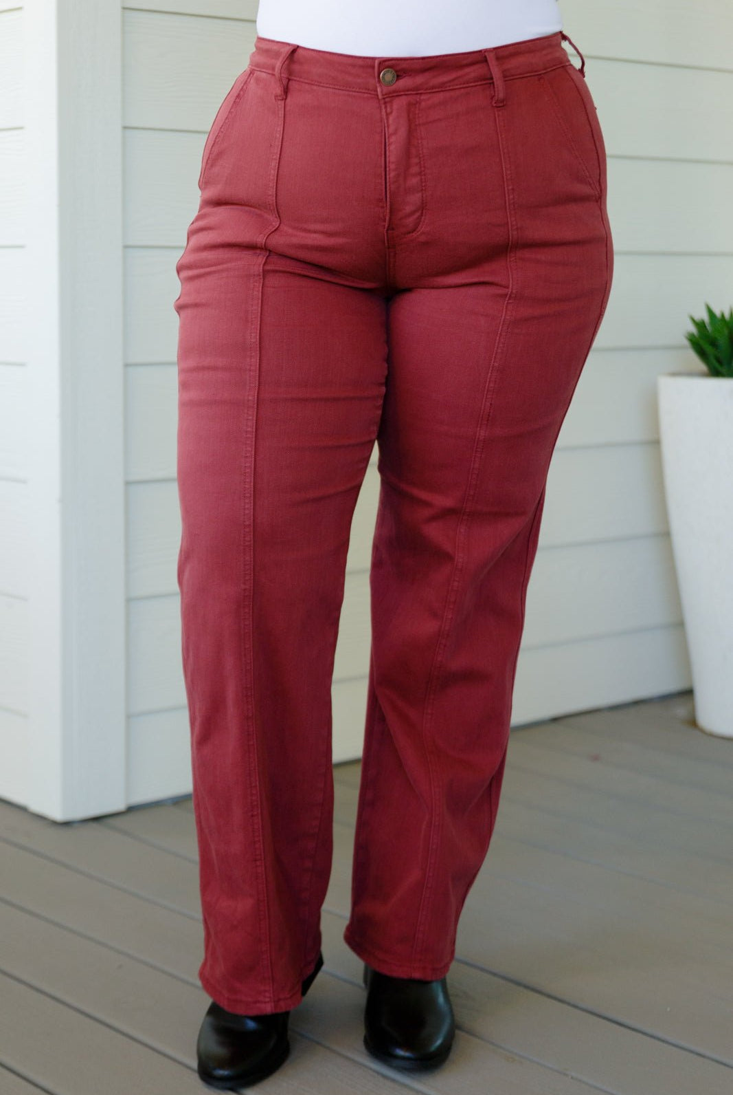 Phoebe High Rise Front Seam Straight Jeans in Burgundy (Online Exclusive) - Uptown Boutique Ramona