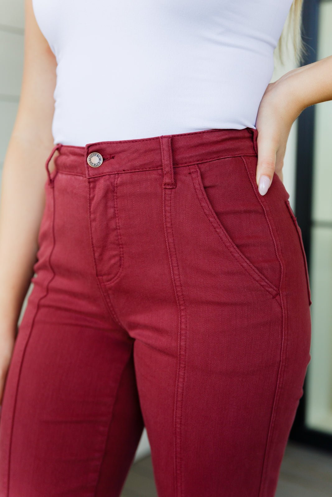 Phoebe High Rise Front Seam Straight Jeans in Burgundy (Online Exclusive) - Uptown Boutique Ramona