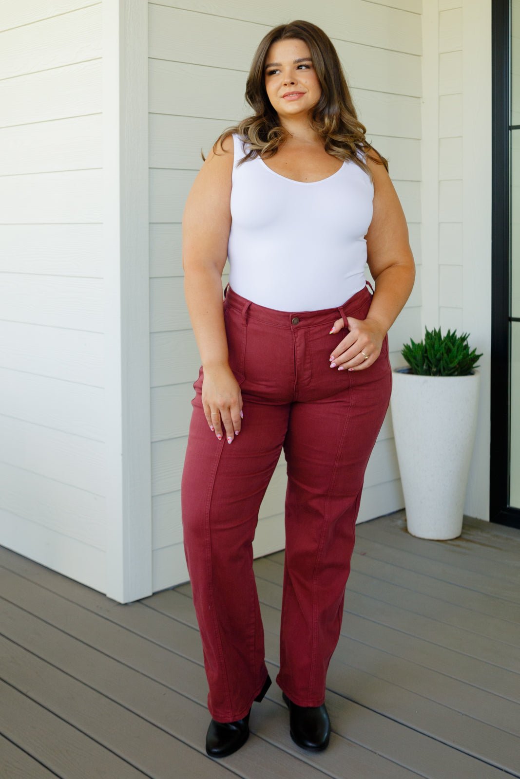 Phoebe High Rise Front Seam Straight Jeans in Burgundy (Online Exclusive) - Uptown Boutique Ramona