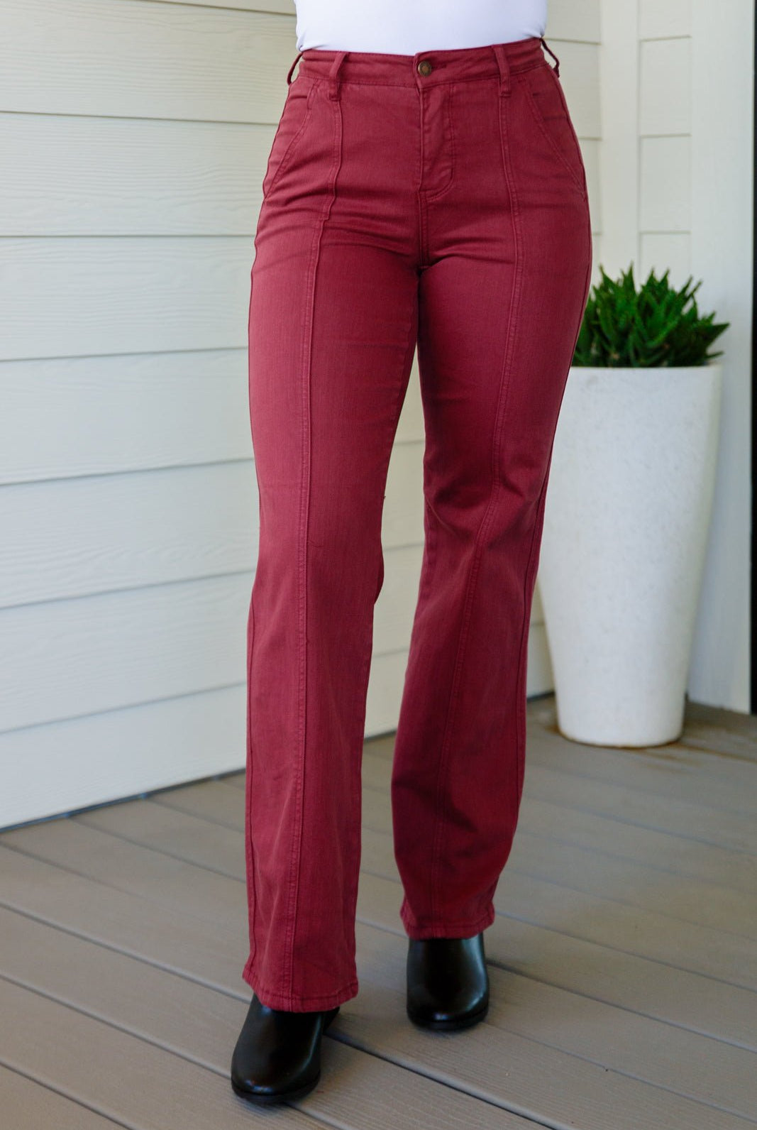 Phoebe High Rise Front Seam Straight Jeans in Burgundy (Online Exclusive) - Uptown Boutique Ramona