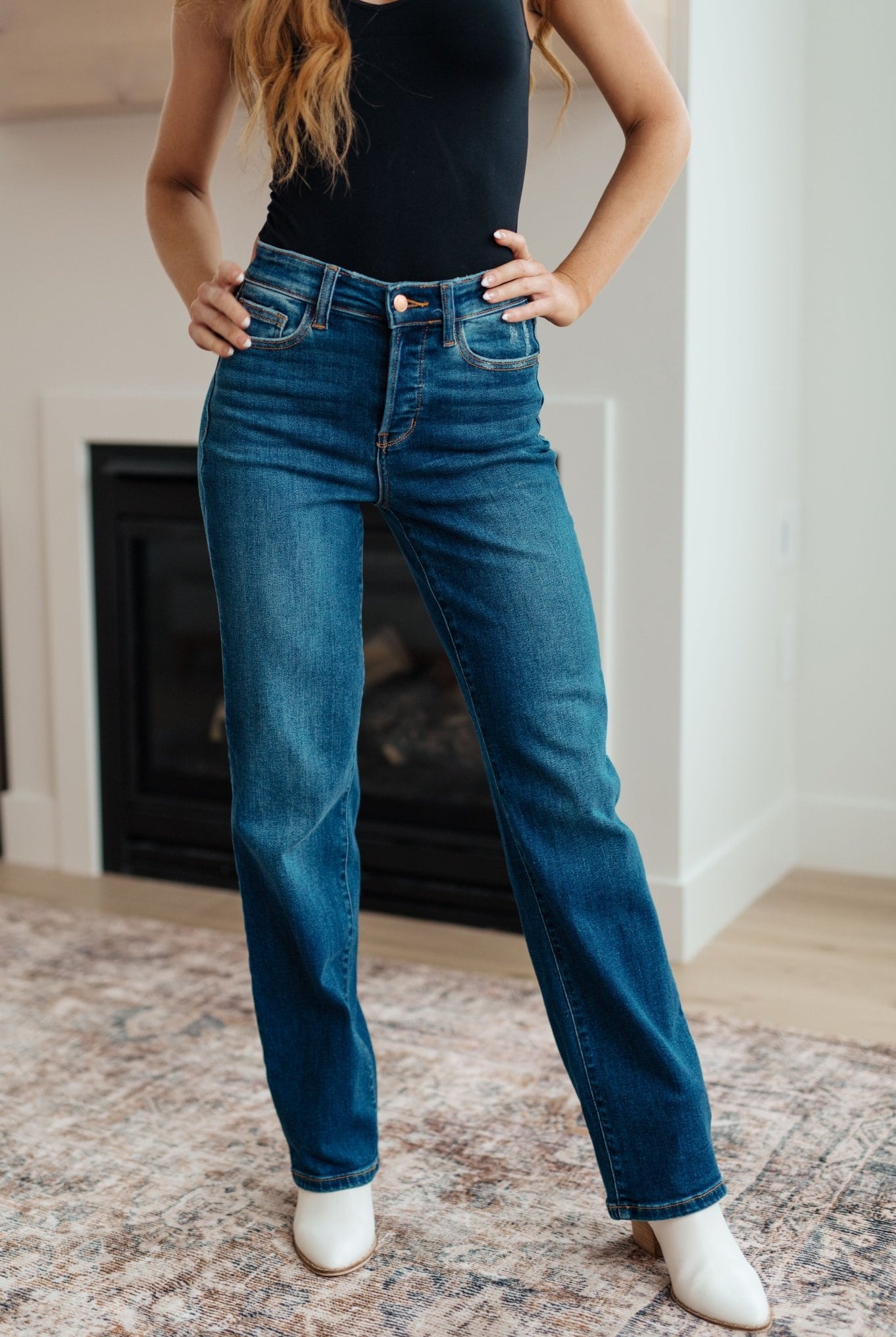 Pippa High Rise Button Fly Straight Jeans (Online Exclusive) - Uptown Boutique Ramona
