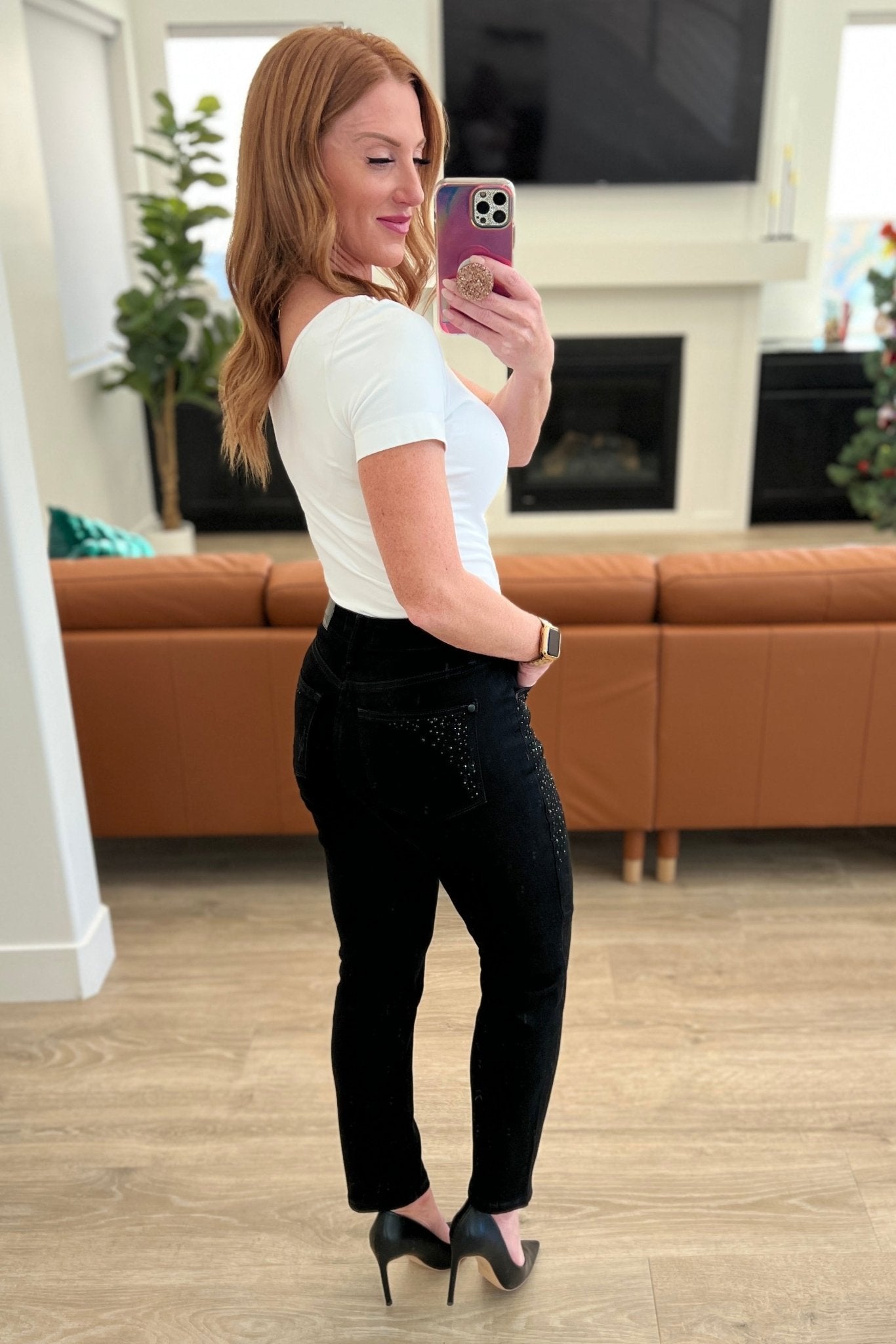 Reese Rhinestone Slim Fit Jeans in Black (Online Exclusive) - Uptown Boutique Ramona