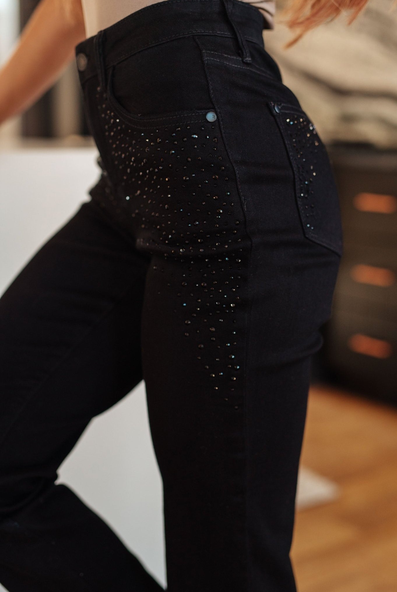 Reese Rhinestone Slim Fit Jeans in Black (Online Exclusive) - Uptown Boutique Ramona