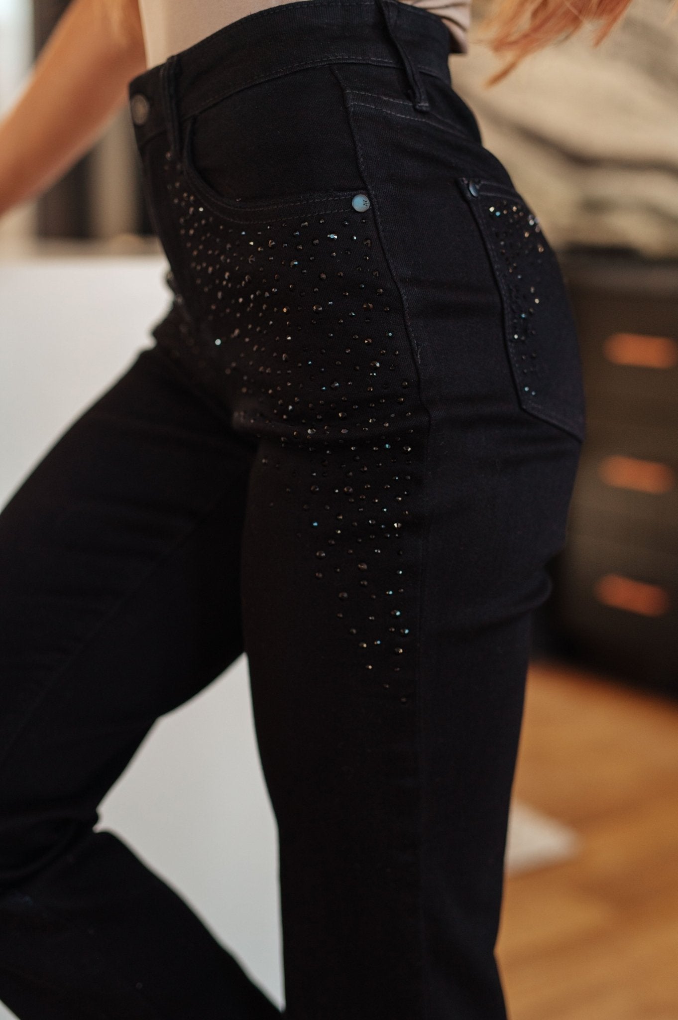 Reese Rhinestone Slim Fit Jeans in Black (Online Exclusive) - Uptown Boutique Ramona