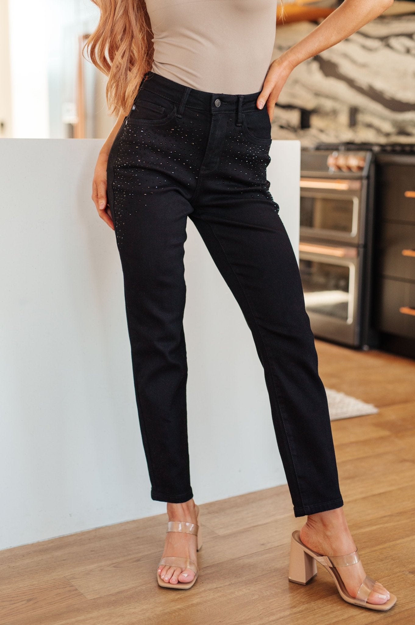 Reese Rhinestone Slim Fit Jeans in Black (Online Exclusive) - Uptown Boutique Ramona