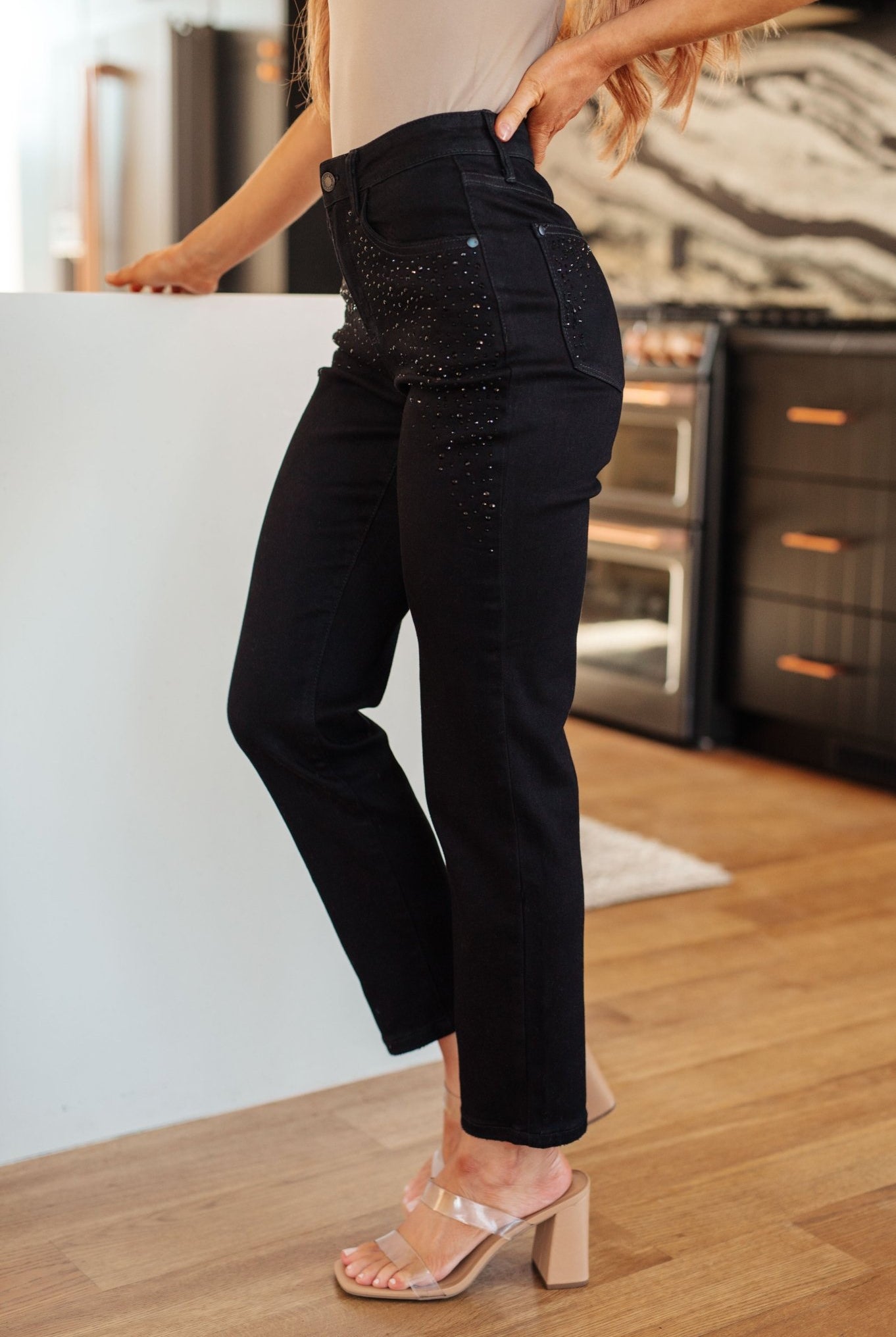 Reese Rhinestone Slim Fit Jeans in Black (Online Exclusive) - Uptown Boutique Ramona