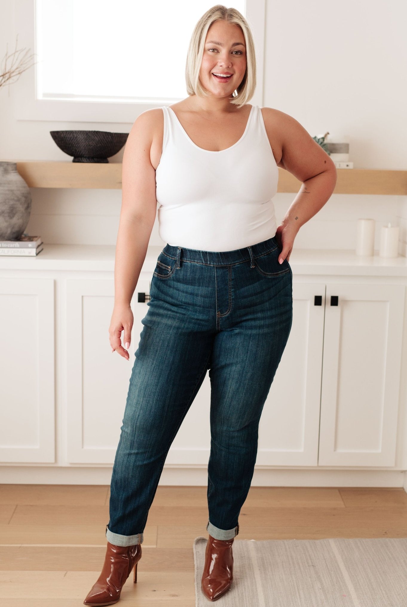 Rowena High Rise Pull On Double Cuff Slim Jeans (Online Exclusive) - Uptown Boutique Ramona