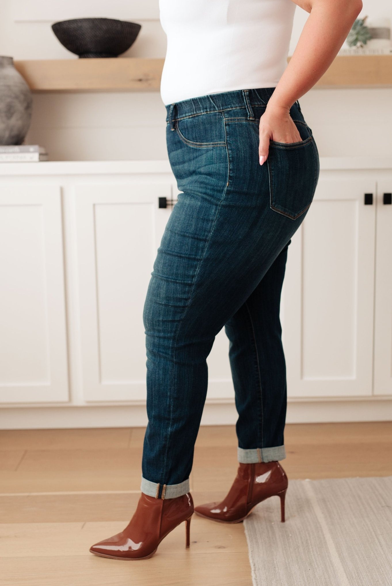Rowena High Rise Pull On Double Cuff Slim Jeans (Online Exclusive) - Uptown Boutique Ramona