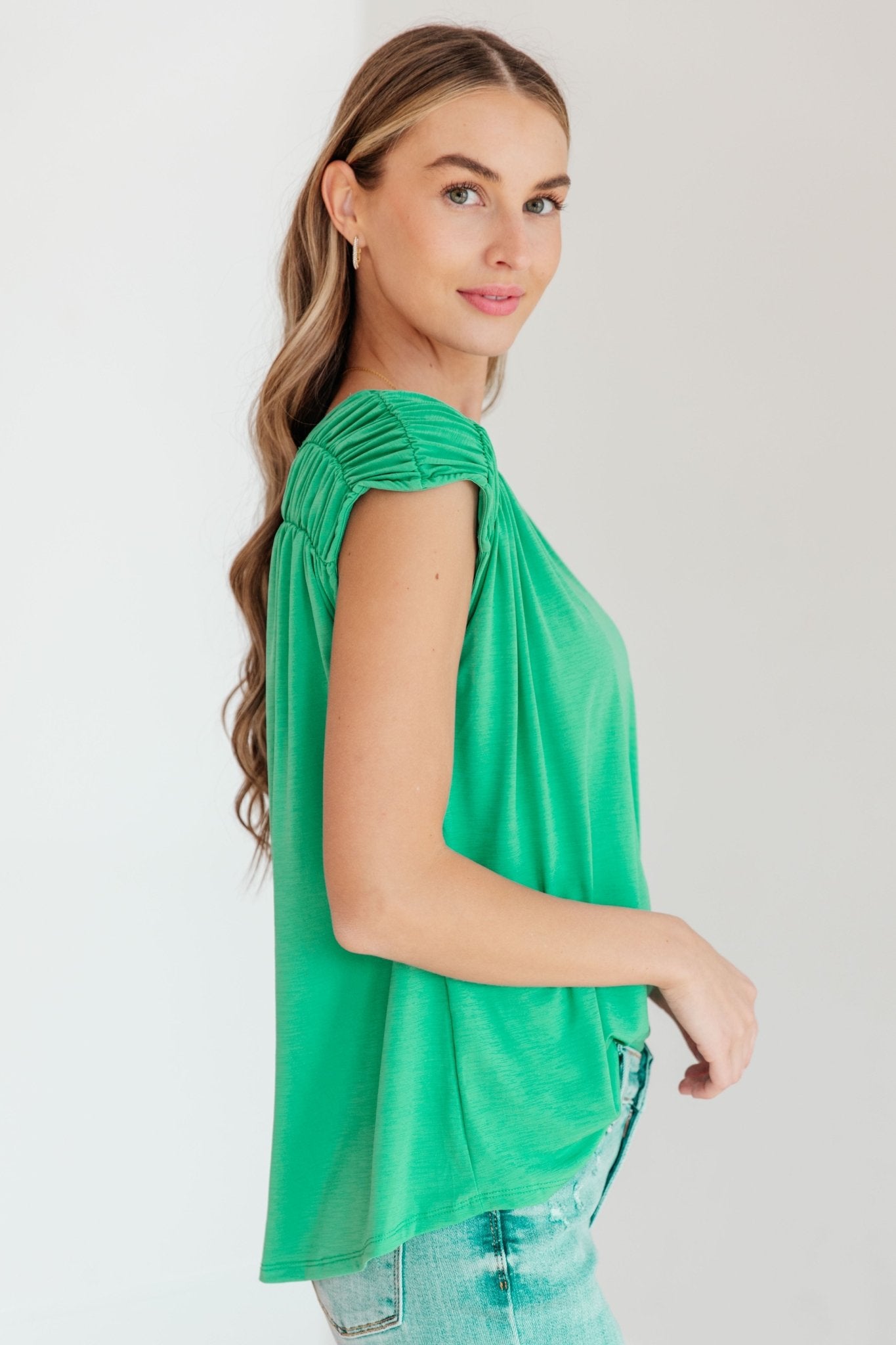 Ruched Cap Sleeve Top in Emerald (Online Exclusive) - Uptown Boutique Ramona