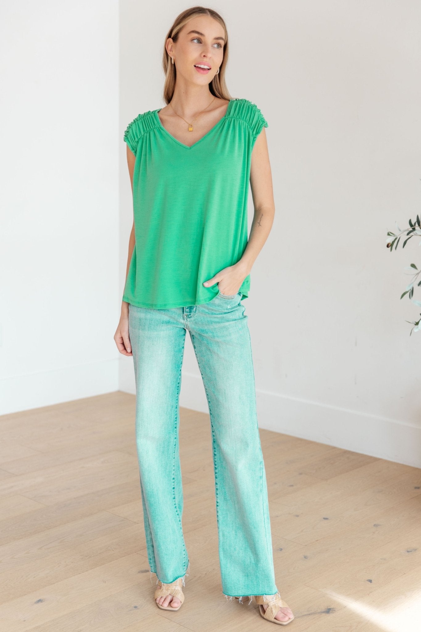 Ruched Cap Sleeve Top in Emerald (Online Exclusive) - Uptown Boutique Ramona