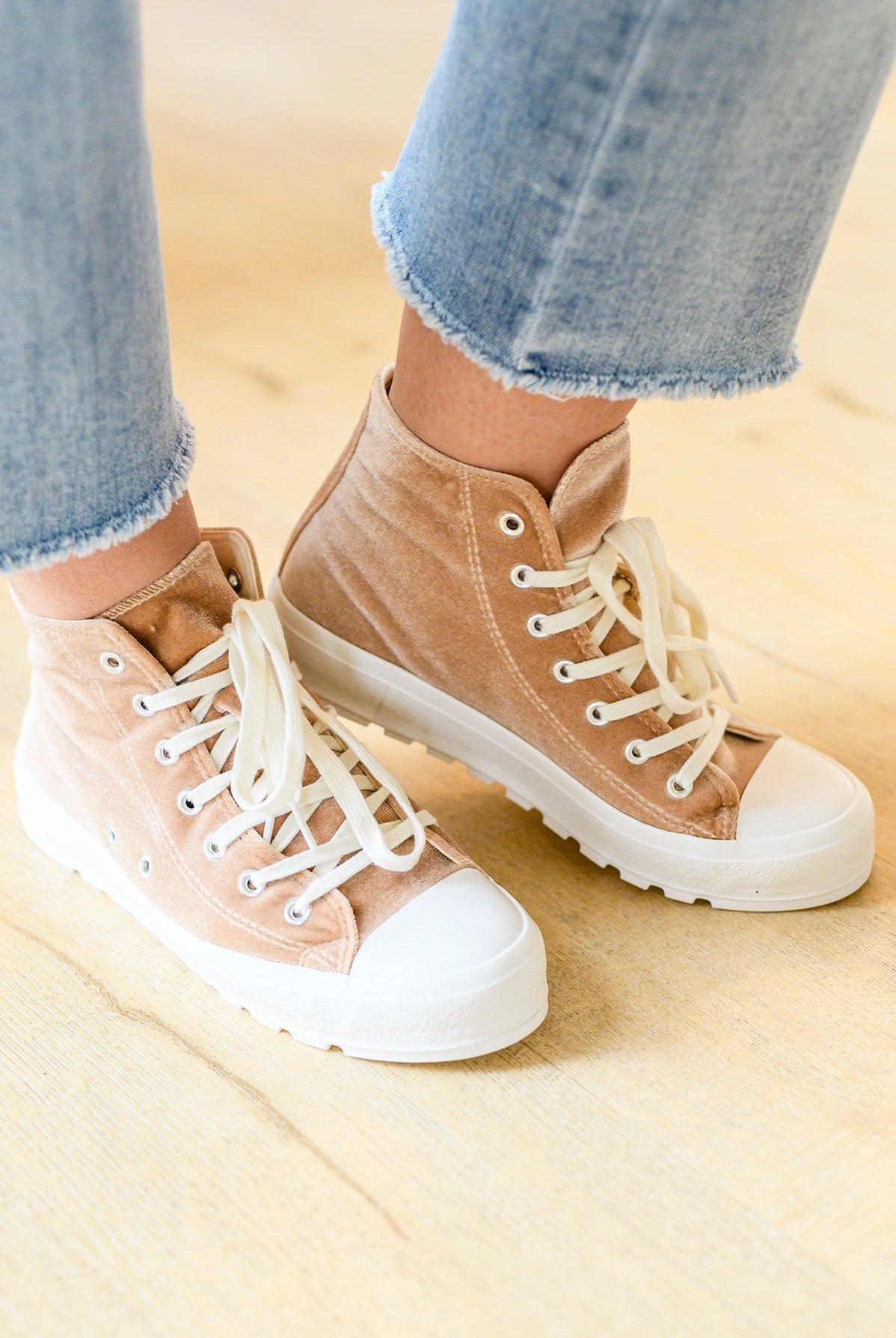 Run Me Down Velvet High Tops in Tan (Online Exclusive) - Uptown Boutique Ramona