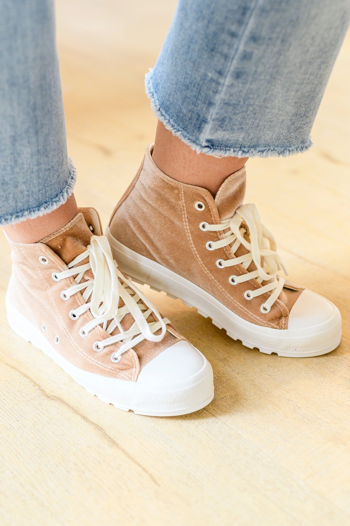 Run Me Down Velvet High Tops in Tan (Online Exclusive) - Uptown Boutique Ramona