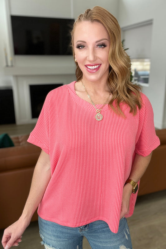 Textured Line Twisted Short Sleeve Top in Coral (Online Exclusive)