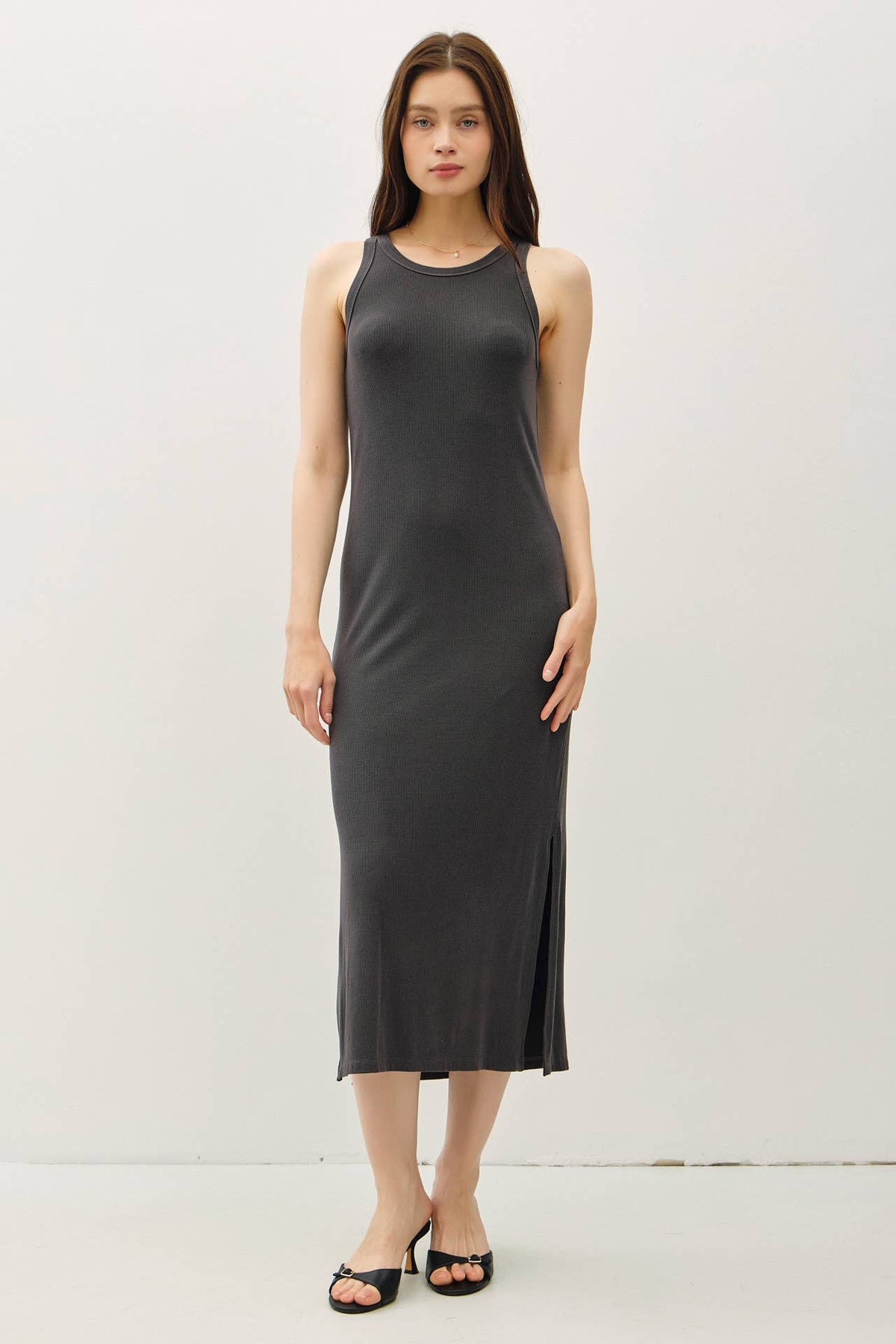 ribbed midi tank dress Ribbed Knit Side Slit Sleeveless Tank Midi Dress M