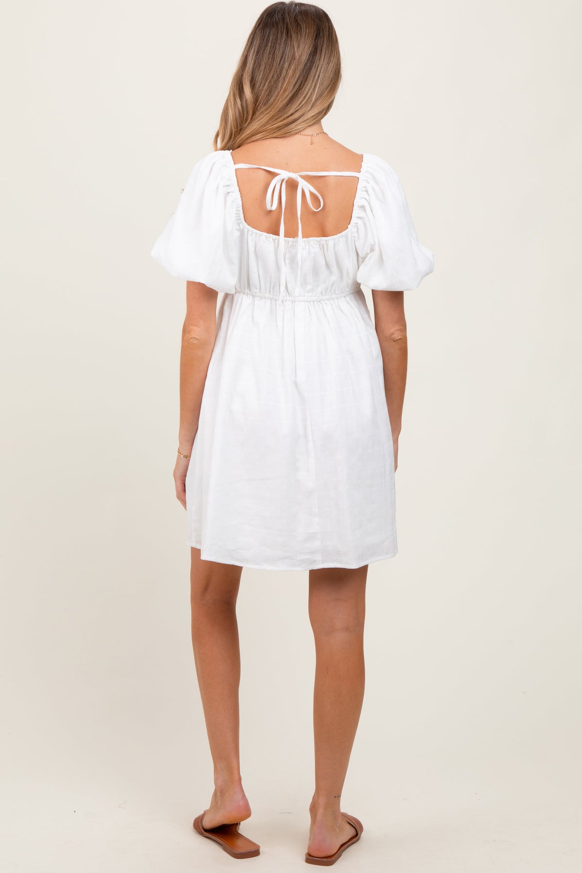 white maternity short dress White Textured Bubble Sleeve Maternity Mini Dress