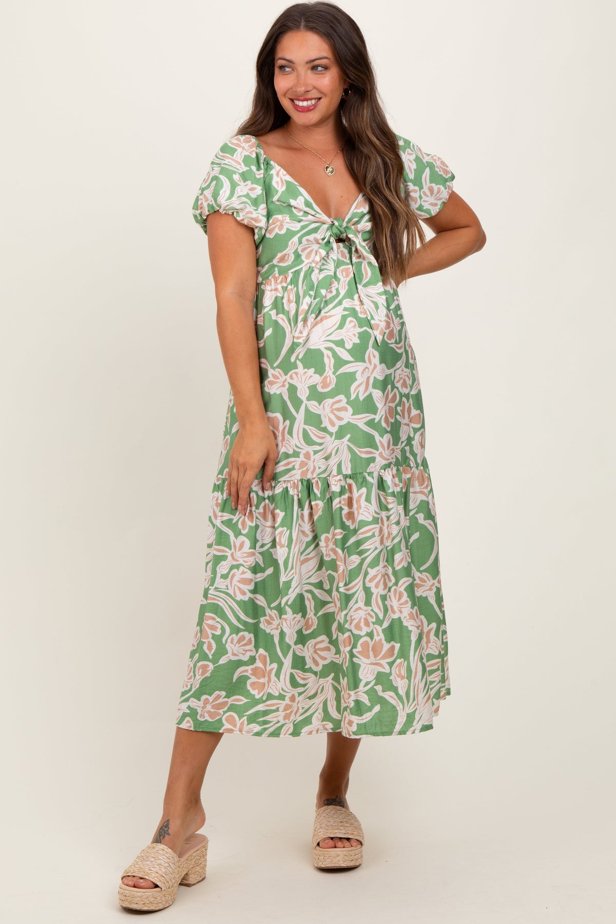 Green Floral Front Tie Maternity Midi Dress – Uptown Boutique Green Floral Front Tie Maternity Midi Dress – Uptown Boutique
