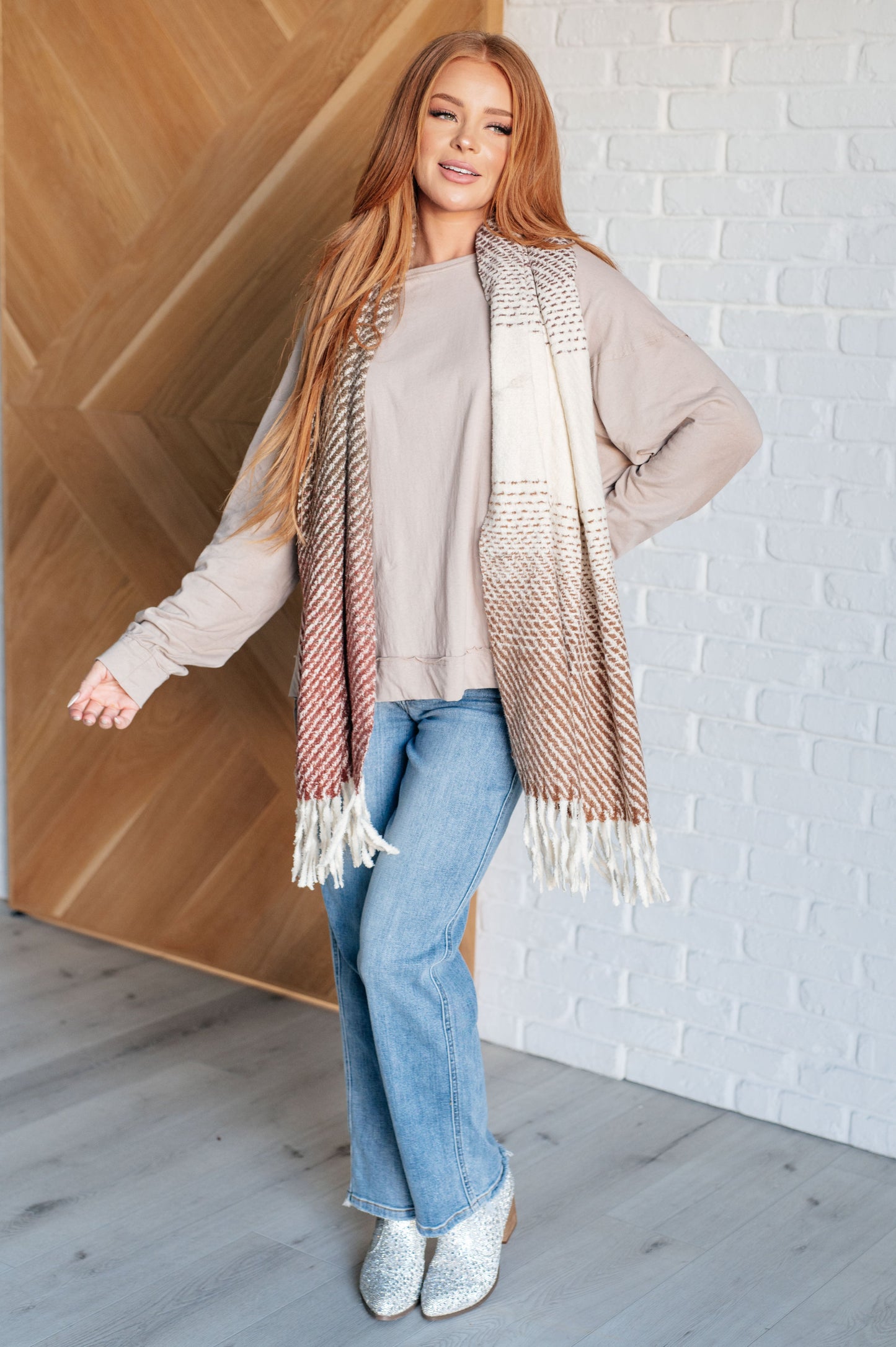 Cold Front Fringe Scarf in Coffee and Red Online Exclusive)