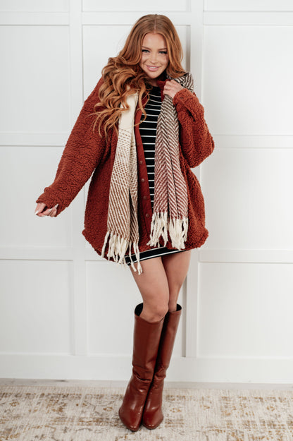 Cold Front Fringe Scarf in Coffee and Red Online Exclusive)