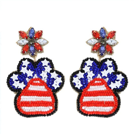 Jeweled Patriotic Paw Beaded Earrings