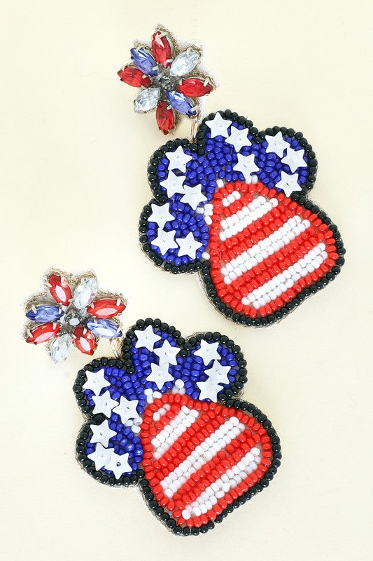 Jeweled Patriotic Paw Beaded Earrings