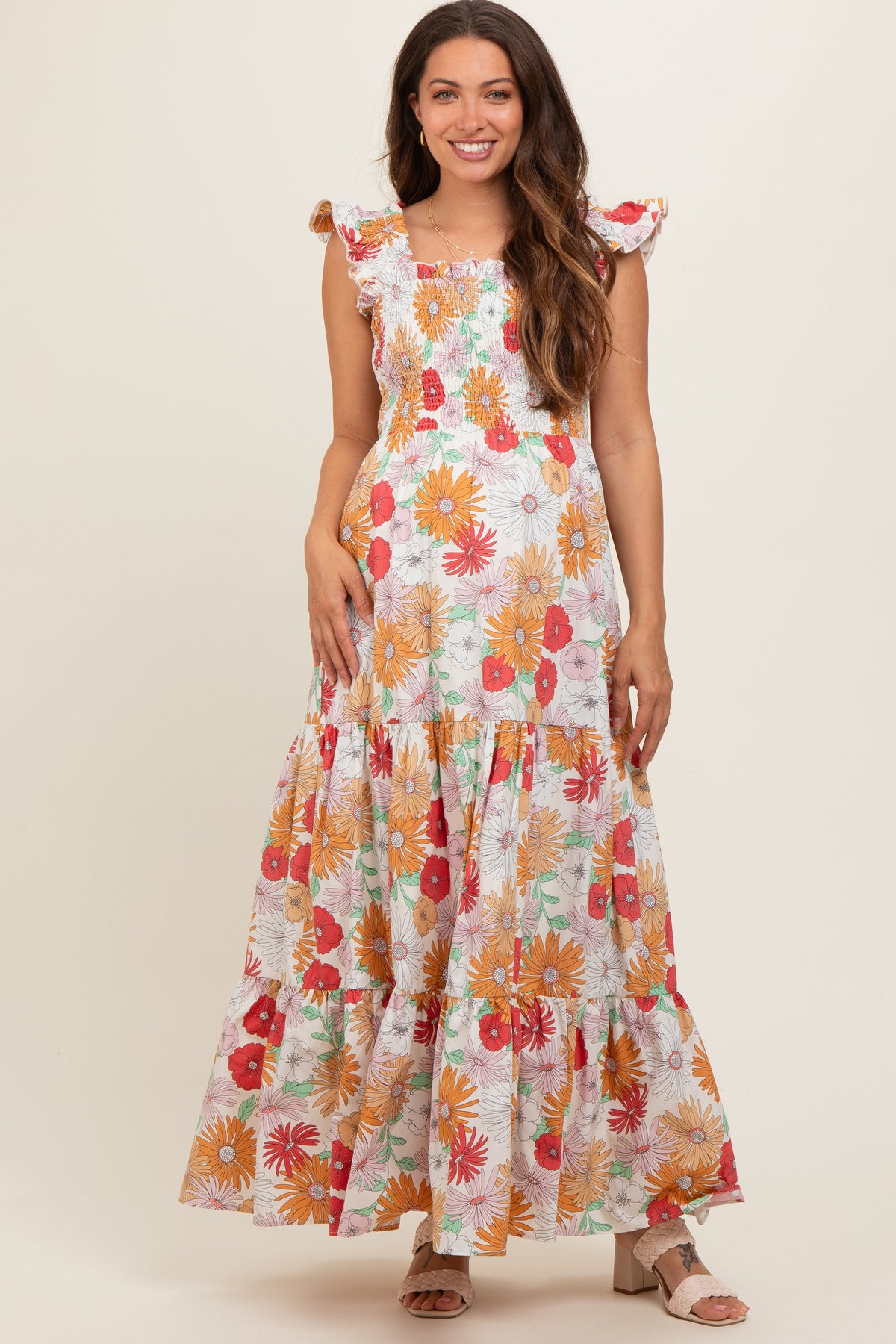 ivory floral smocked maternity maxi dress Ivory Floral Smocked Tiered Maternity Maxi Dress