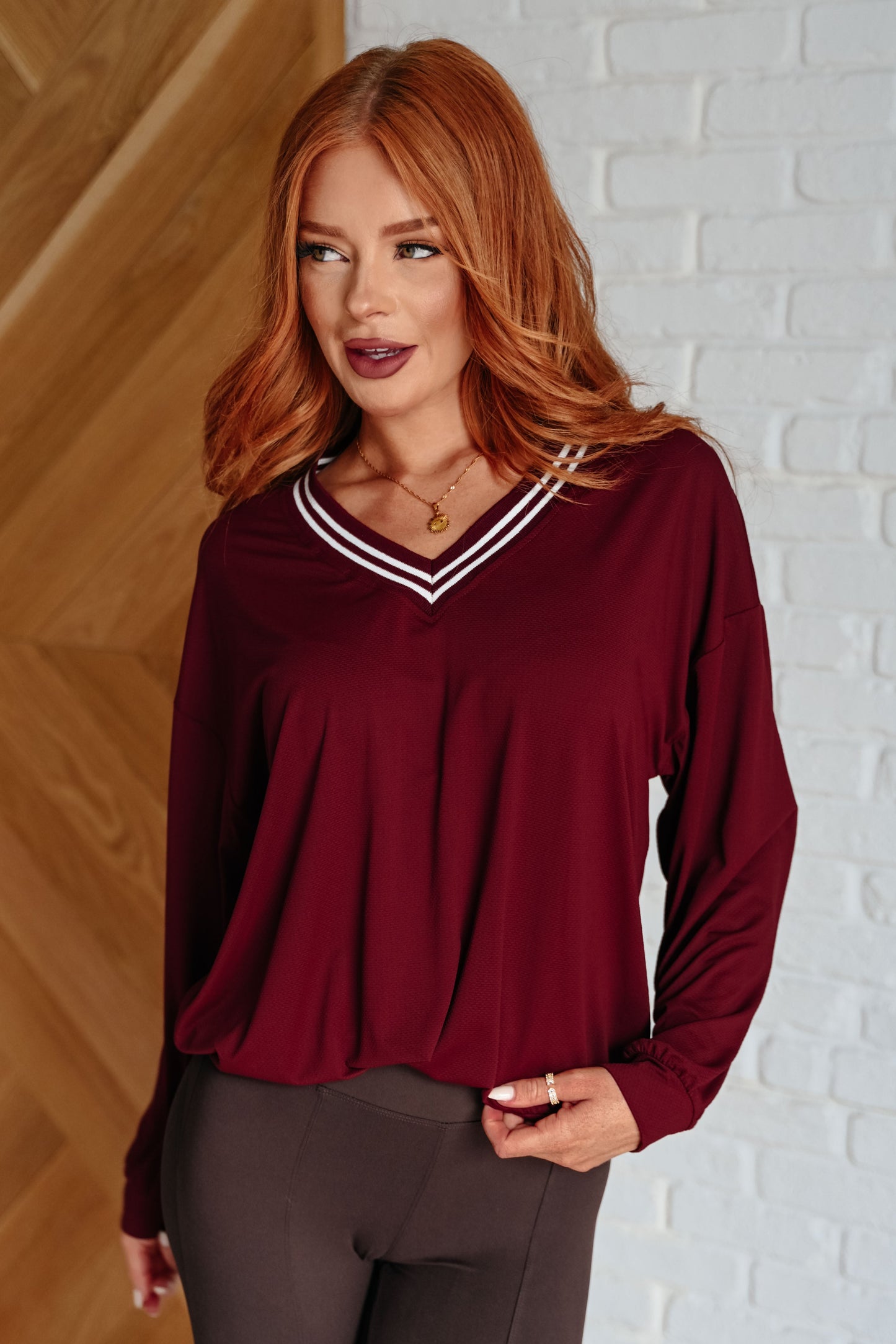 All Out Comfort V-Neck Pullover in Red Merlot (Online Exclusive)