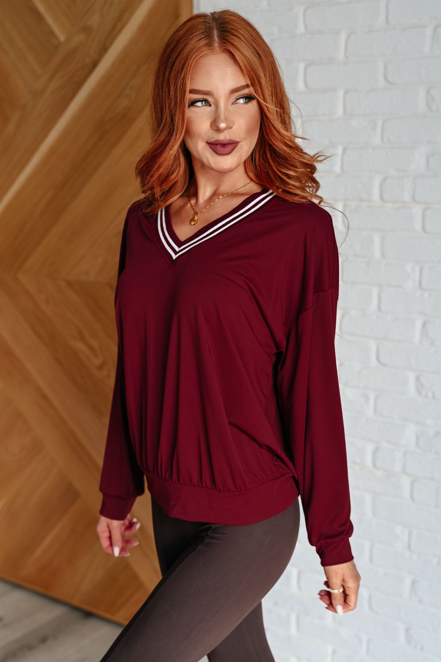 All Out Comfort V-Neck Pullover in Red Merlot (Online Exclusive)