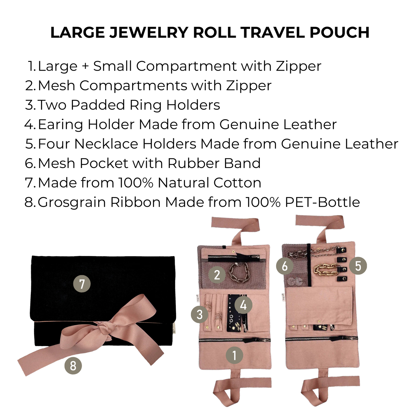 Large Jewelry Roll, Travel Pouch, Black