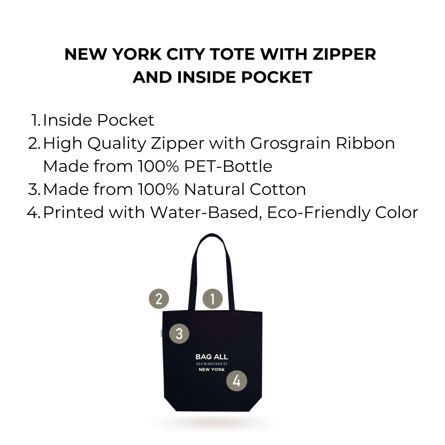 New York City Tote with Zipper and Inside Pocket, Black