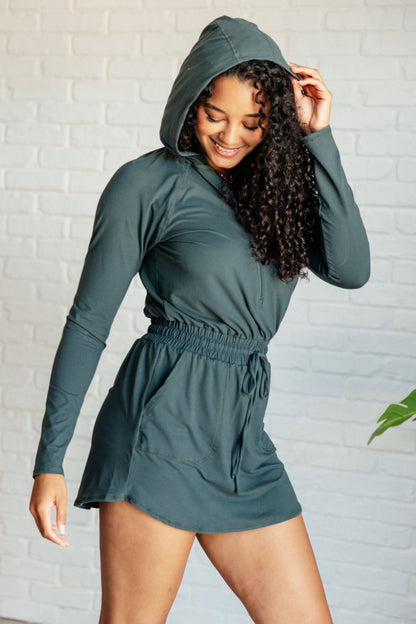 Getting Out Long Sleeve Hoodie Romper in Smoked Spruce (Online Exclusive)