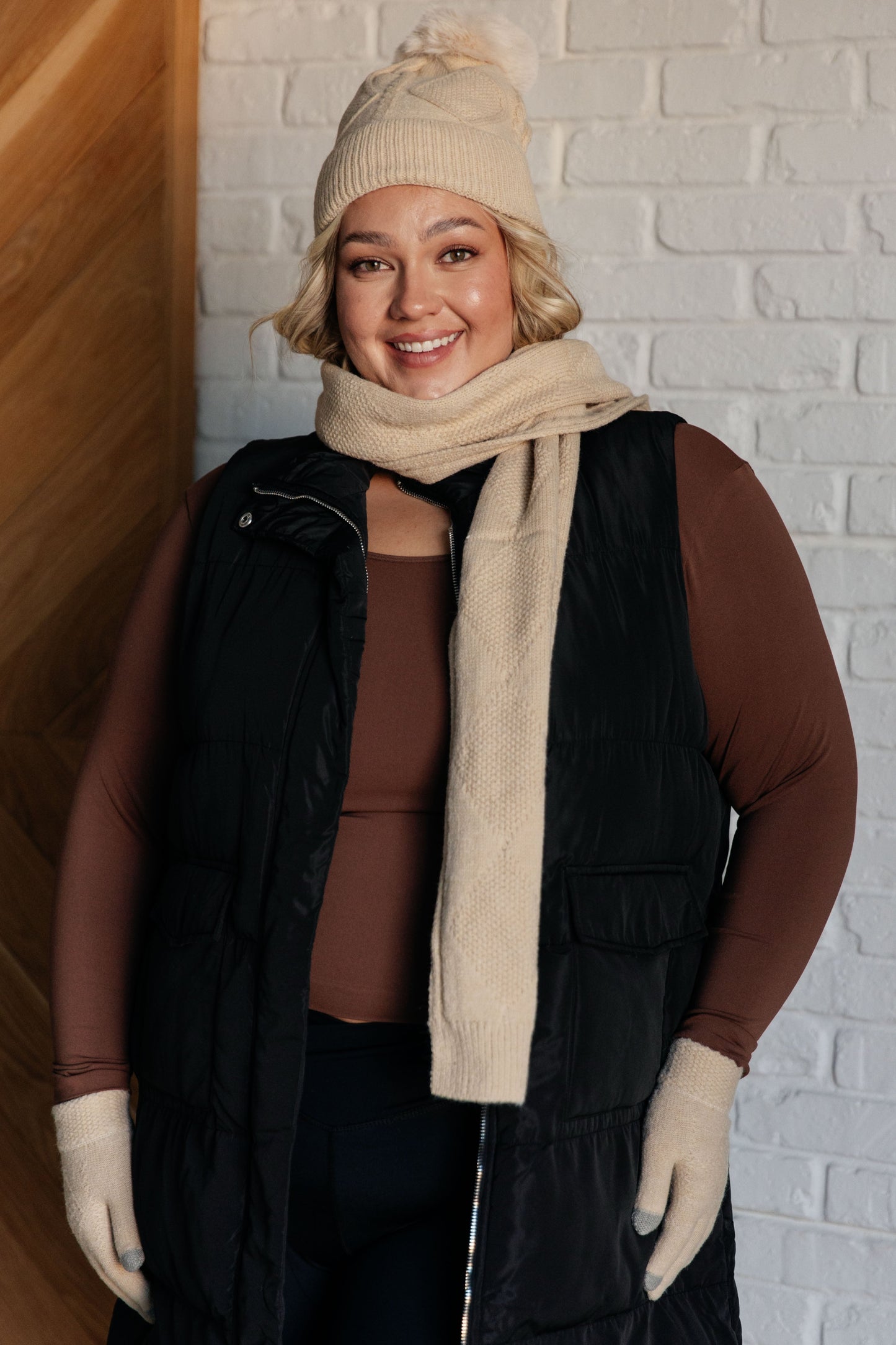 Jane Frost Beanie, Glove, and Scarf Set in Beige (Online Exclusive)