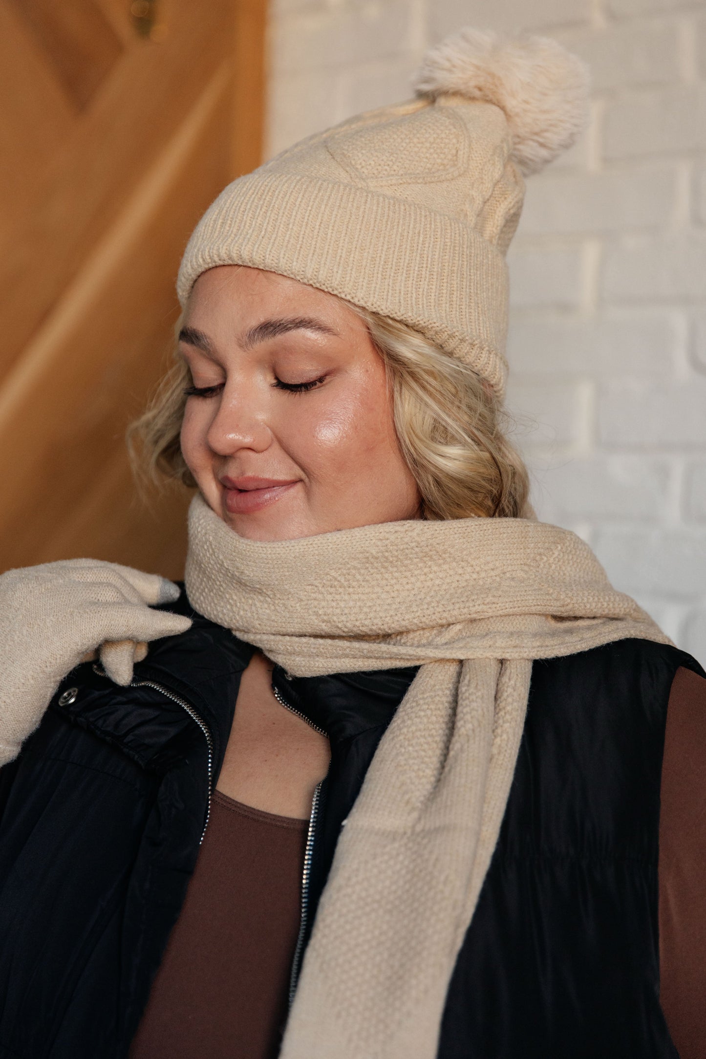 Jane Frost Beanie, Glove, and Scarf Set in Beige (Online Exclusive)