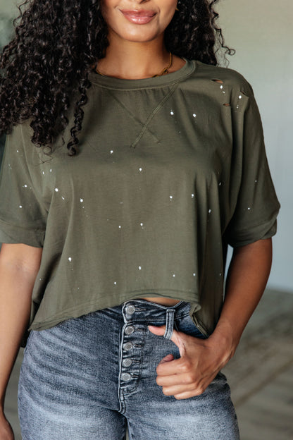 Less Than Stressed Asymmetrical Distressed Top (Online Exclusive)