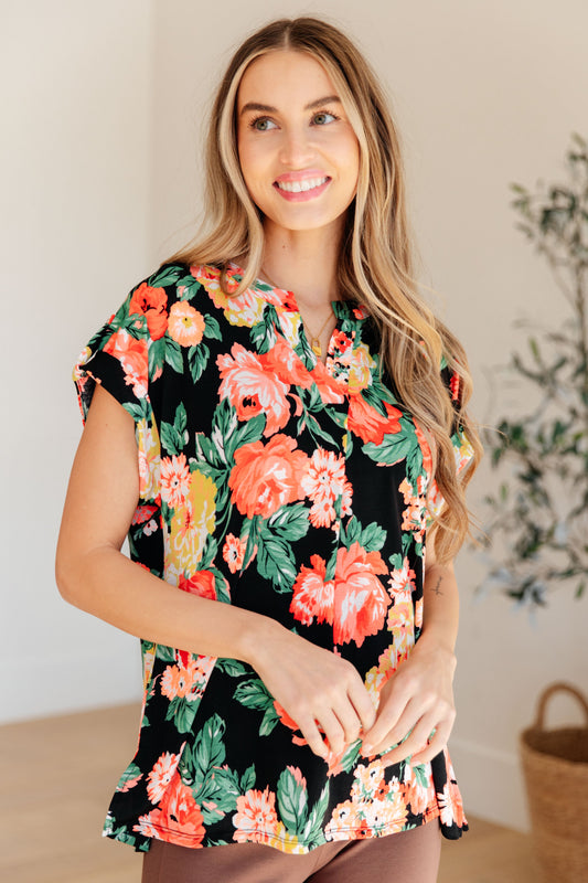 Lizzy Cap Sleeve Top in Black Garden Floral (Online Exclusive)