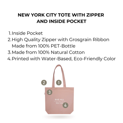 New York City Tote with Zipper and Inside Pocket, Pink/Blush