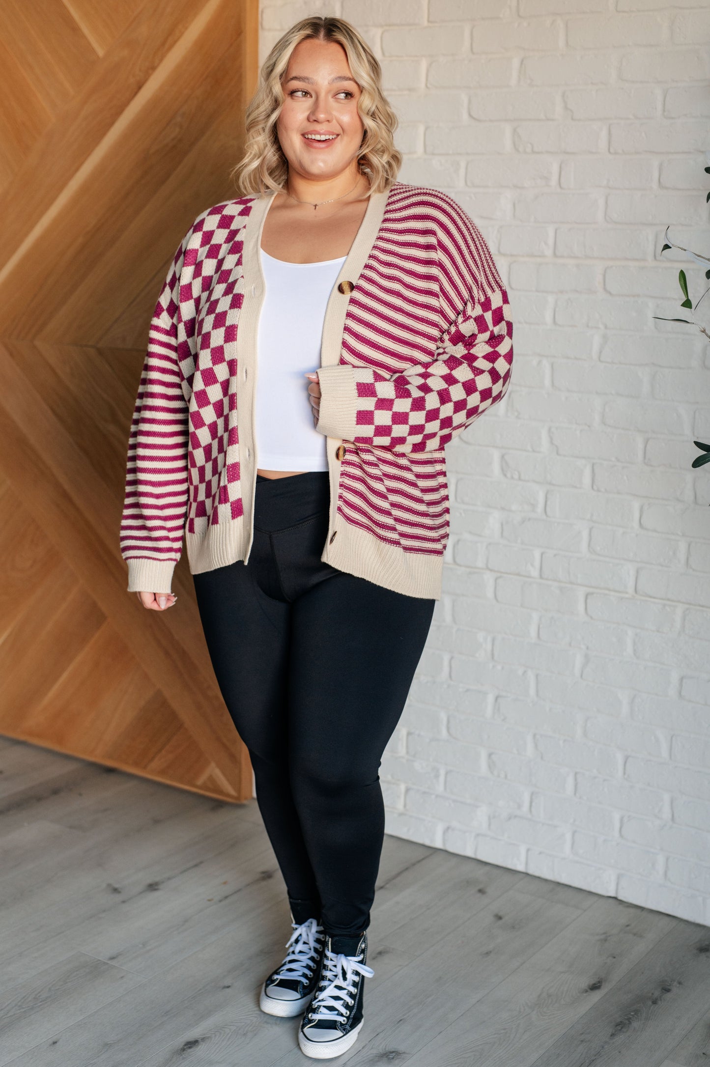 No Brainer Button Down Sweater Knit Cardigan in Magenta/Oatmeal (Online Exclusive)