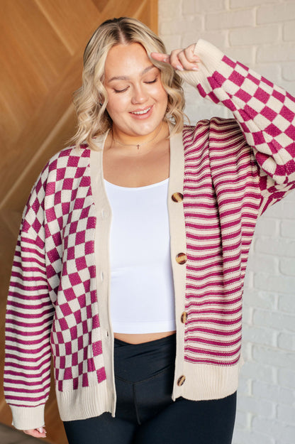 No Brainer Button Down Sweater Knit Cardigan in Magenta/Oatmeal (Online Exclusive)