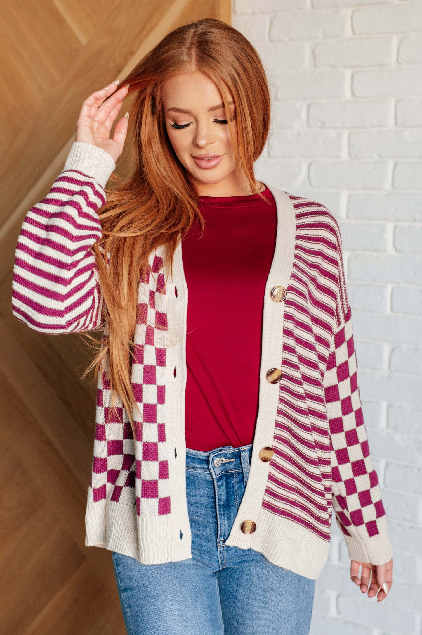 No Brainer Button Down Sweater Knit Cardigan in Magenta/Oatmeal (Online Exclusive)