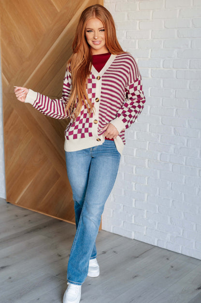 No Brainer Button Down Sweater Knit Cardigan in Magenta/Oatmeal (Online Exclusive)