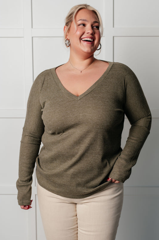 On a Roll Ribbed Knit V Neck Long Sleeve Top (Online Exclusive)