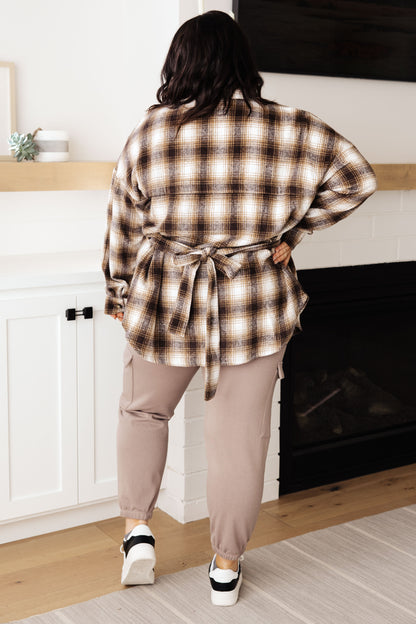 Outside Stroll Plaid Waist Tie Shacket In Brown (Online Exclusive)