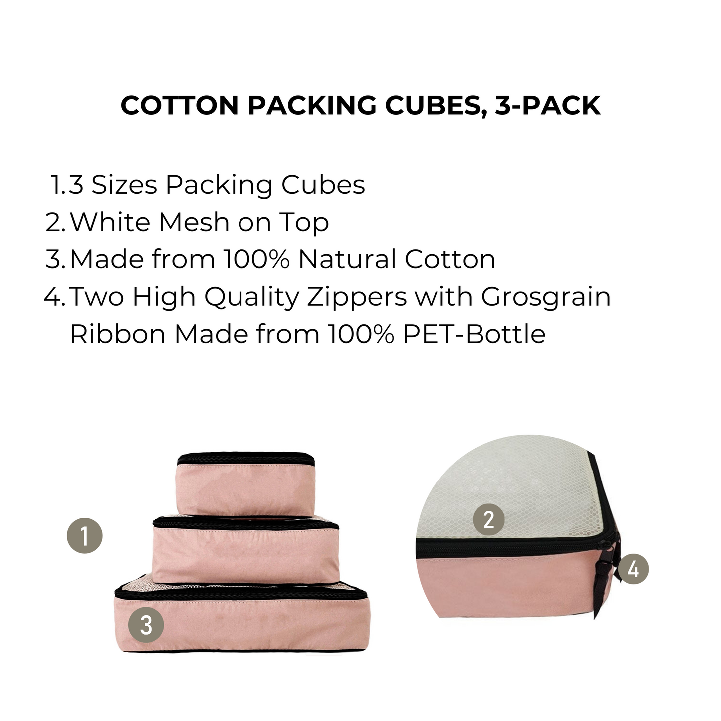 Cotton Packing Cubes, 3-pack Pink/Blush