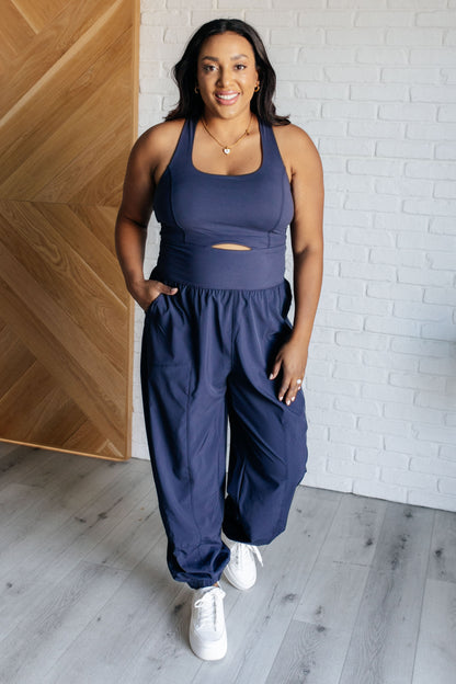 Raising Heart Rate Cut Out Jumpsuit in Navy (Online Exclusive)