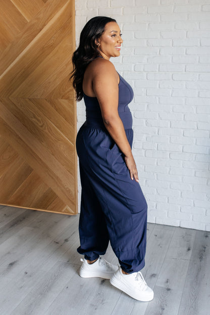 Raising Heart Rate Cut Out Jumpsuit in Navy (Online Exclusive)